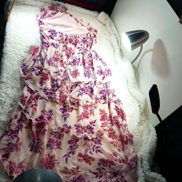 Express 90s Y2K Pink Asymmetrical Ruffled Floral Midi Sundress Womans L. Whimsy. - Picture 14 of 14